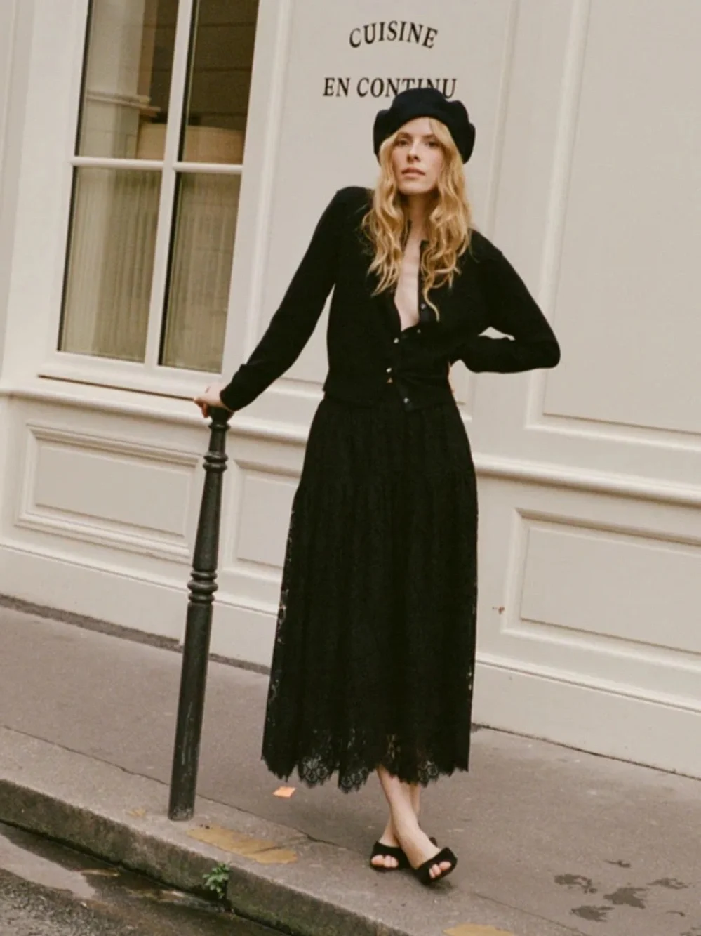Doen Sebastiane Lace Cotton A Line Trim Tiered Midi Maxi Long Skirt Black